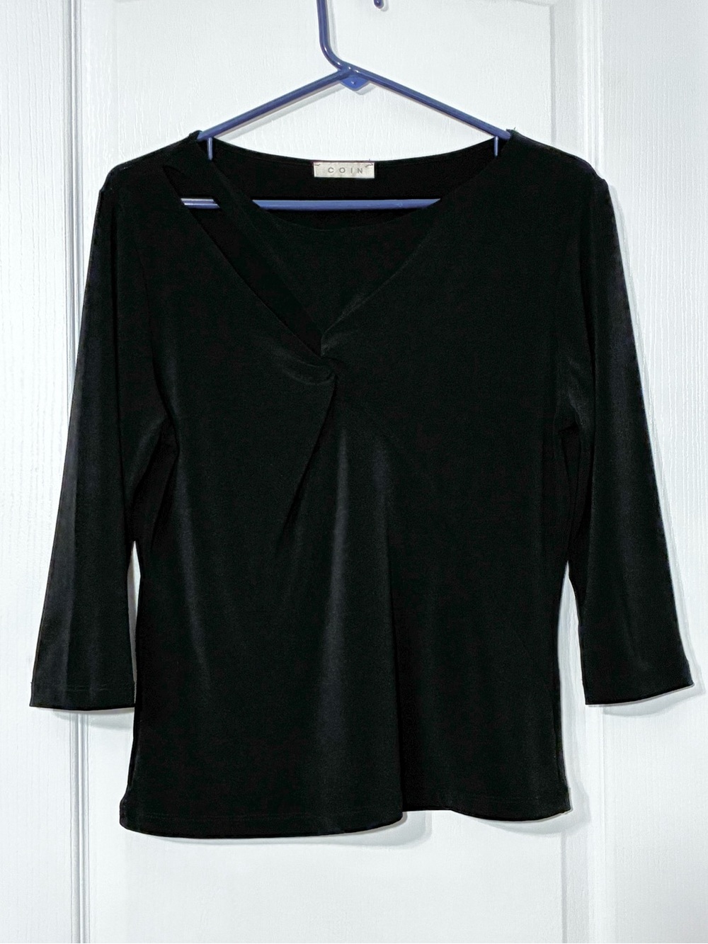 Y2K VTG Coin USA Made Cutout Twist Front 3/4 Sleeve Stretch Knit Top Black Large